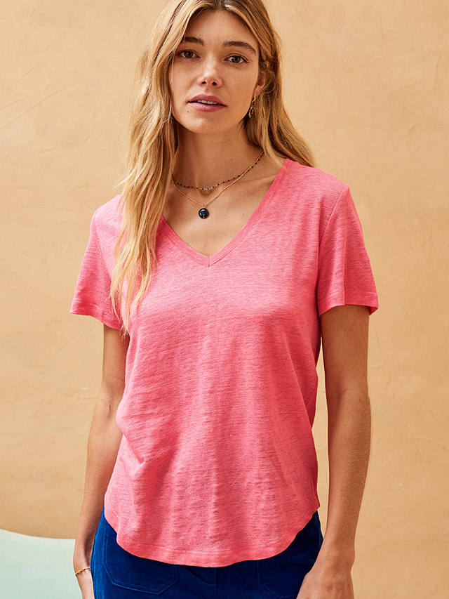 Brora Linen V-Neck T-Shirt, Flamingo