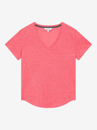Brora Linen V-Neck T-Shirt, Flamingo