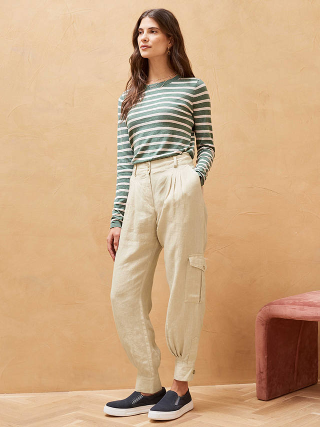 Brora Textured Stripe Linen Cargo Trousers, Natural