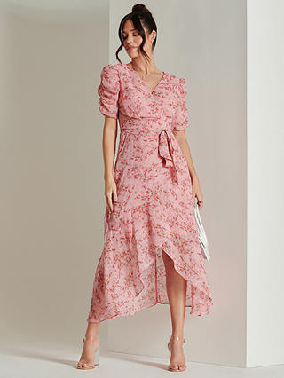 Jolie Moi Floral Metallic Chiffon Dress, Pink/Multi