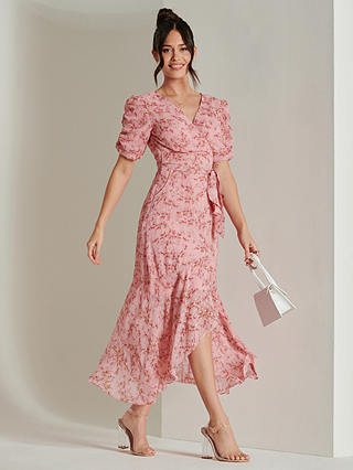 Jolie Moi Floral Metallic Chiffon Dress, Pink/Multi