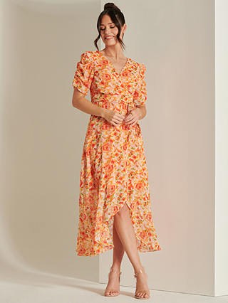 Jolie Moi Floral Metallic Chiffon Dress, Orange/Multi