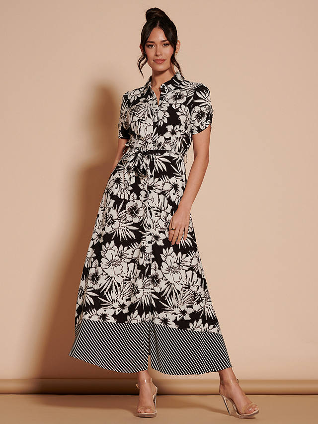 Jolie Moi Elsie Floral Linen Blend Shirt Maxi Dress, Black/Multi