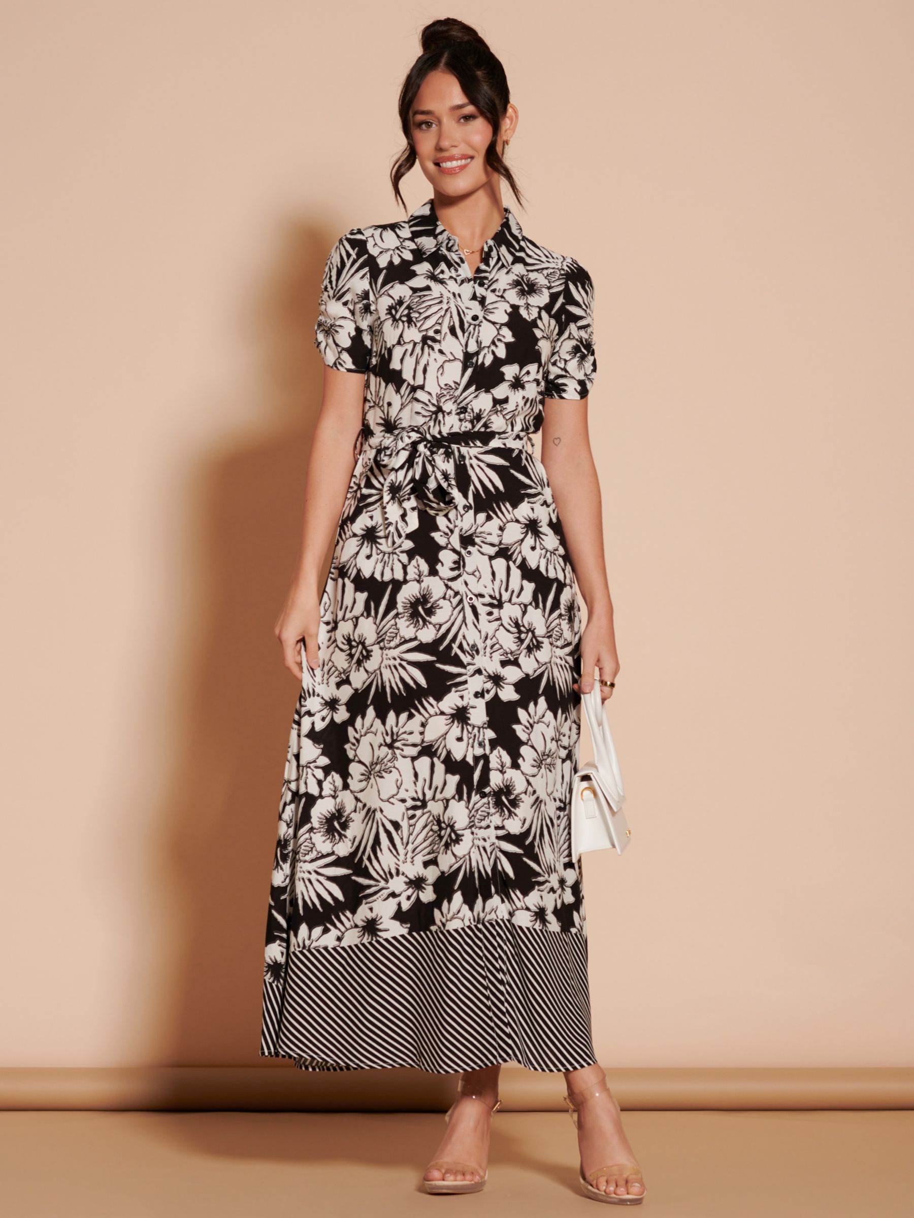 Jolie Moi Elsie Floral Linen Blend Shirt Maxi Dress, Black/Multi, 8