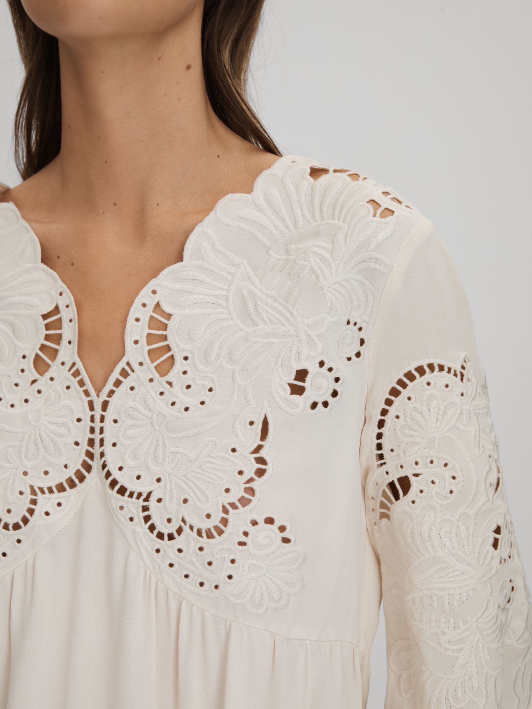 Reiss Noa Embroidered Blouse, Cream, 6