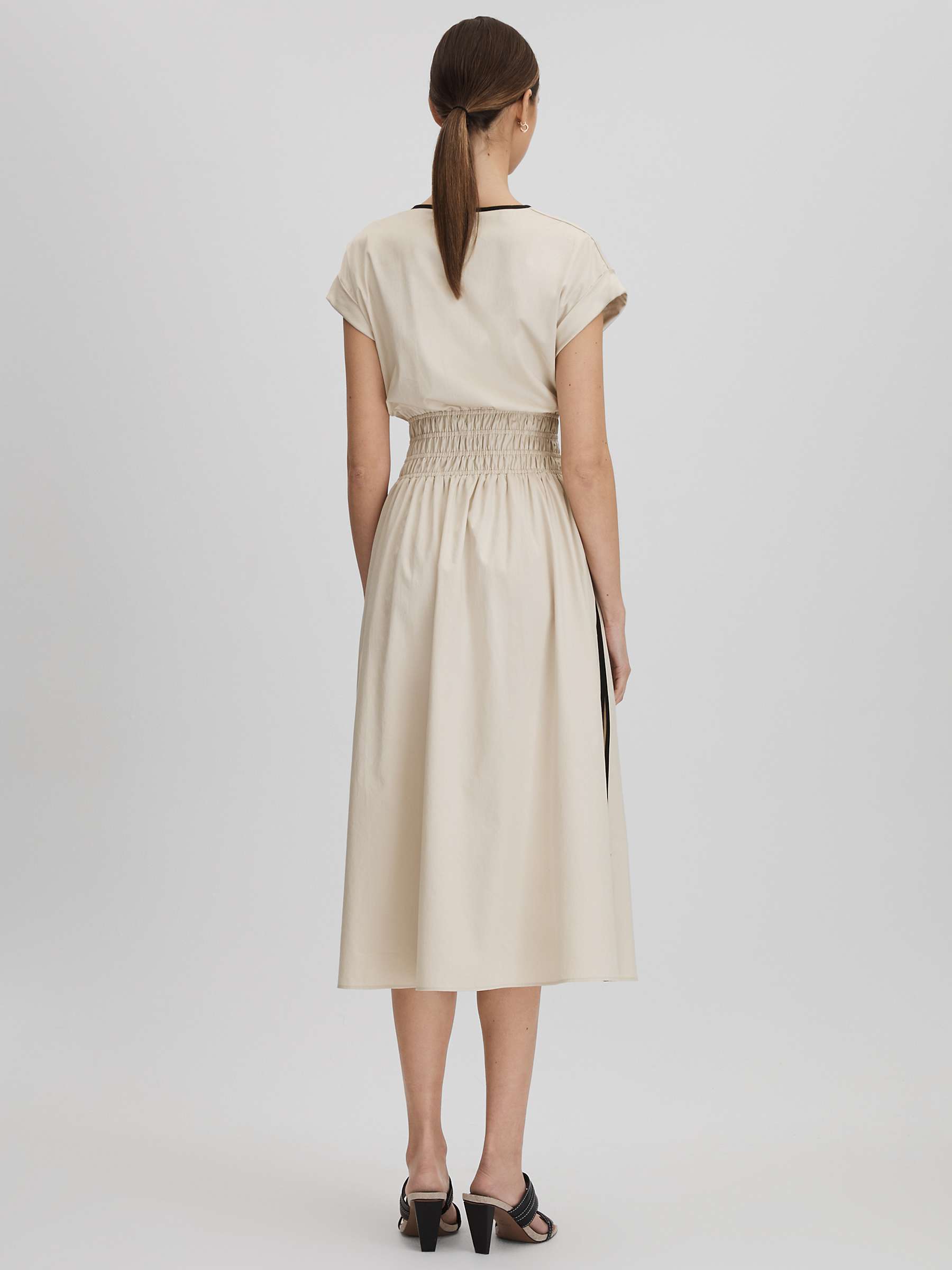 Buy Reiss Lena Ruched Waist Contrast Trim Cotton Midi Dress, Neutral/Black Online at johnlewis.com