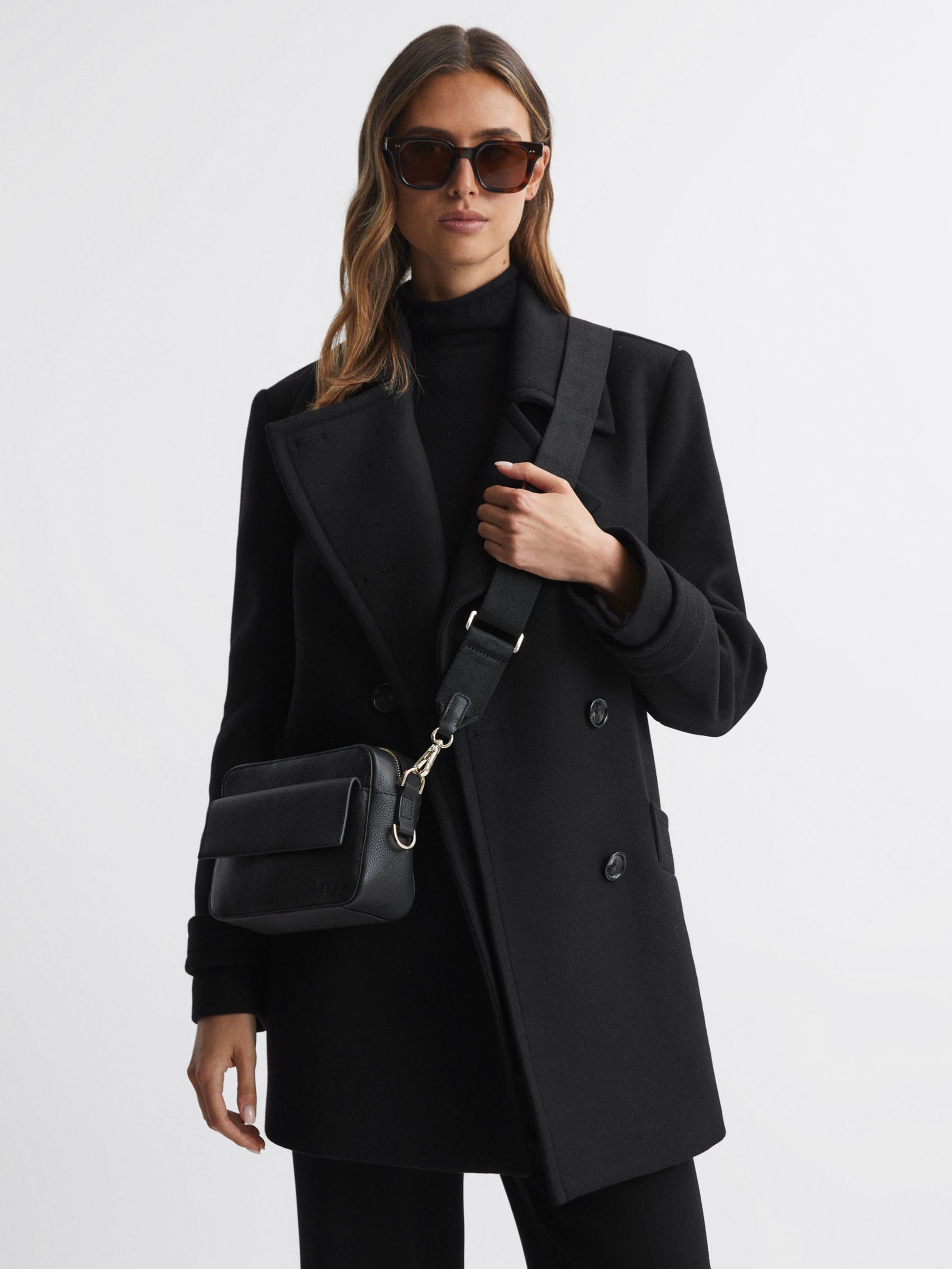 Reiss Clea Leather Cross Body Camera Bag, Black at John Lewis & Partners