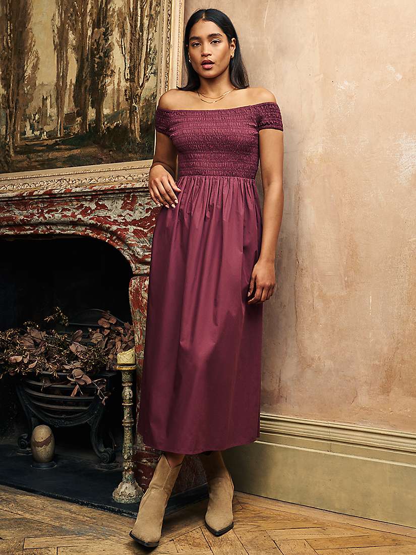 Buy Nobody's Child Amanda Bardot Shirred Bodice Midaxi Dress, Purple Online at johnlewis.com