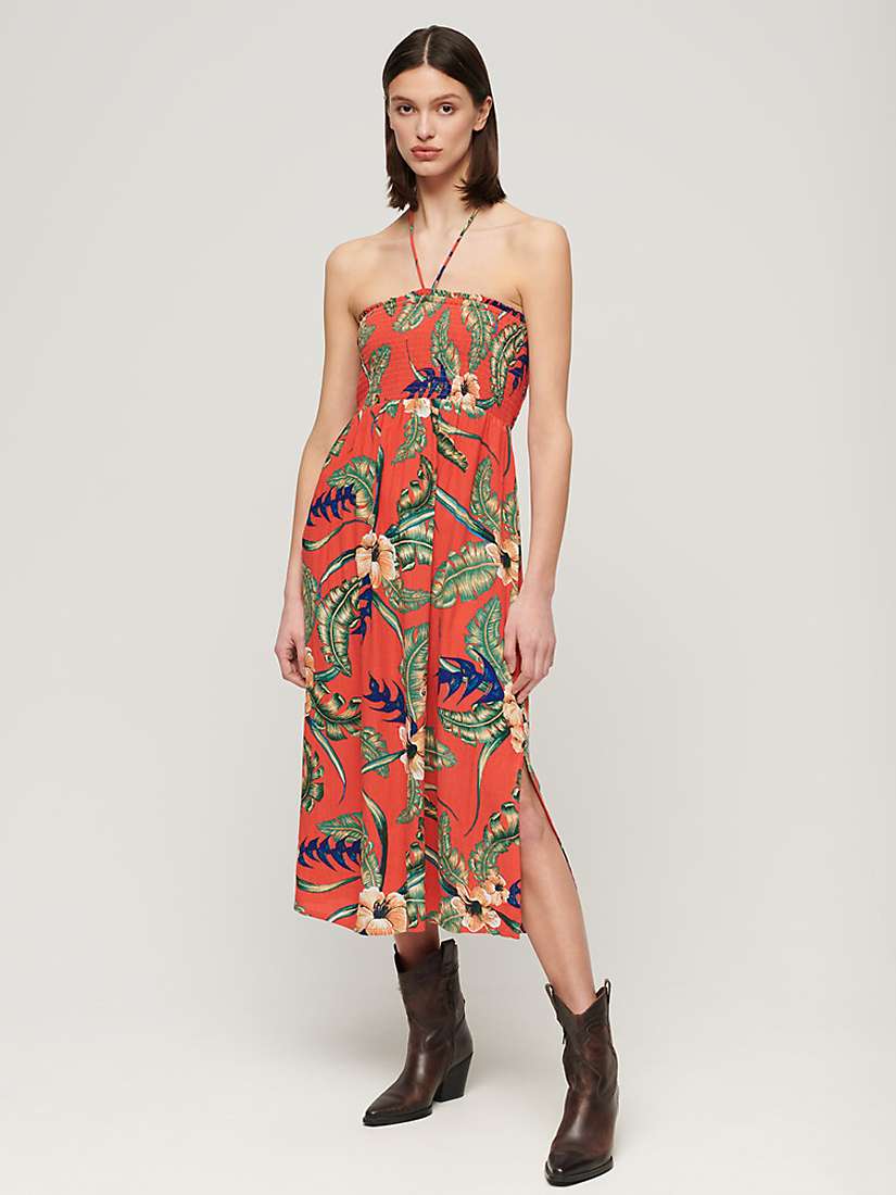 Buy Superdry Smocked Floral Print Midi Beach Dress, Eden Hawaiian Red Online at johnlewis.com