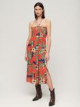 Superdry Smocked Floral Print Midi Beach Dress, Eden Hawaiian Red