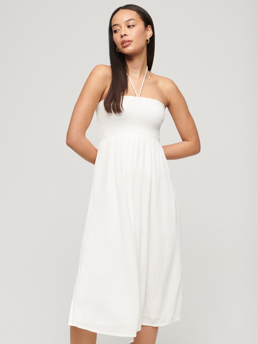 Superdry Smocked Midi Beach Dress, Off White, 14