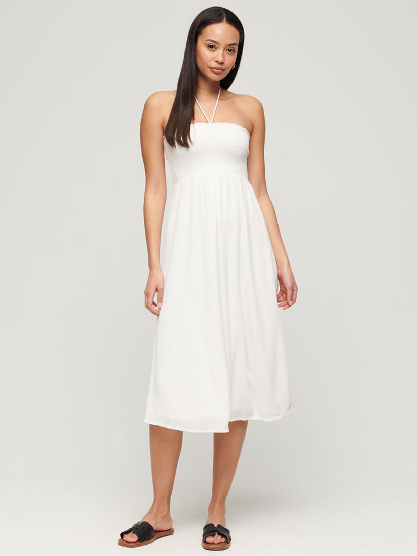 Superdry Smocked Midi Beach Dress, Off White, 14