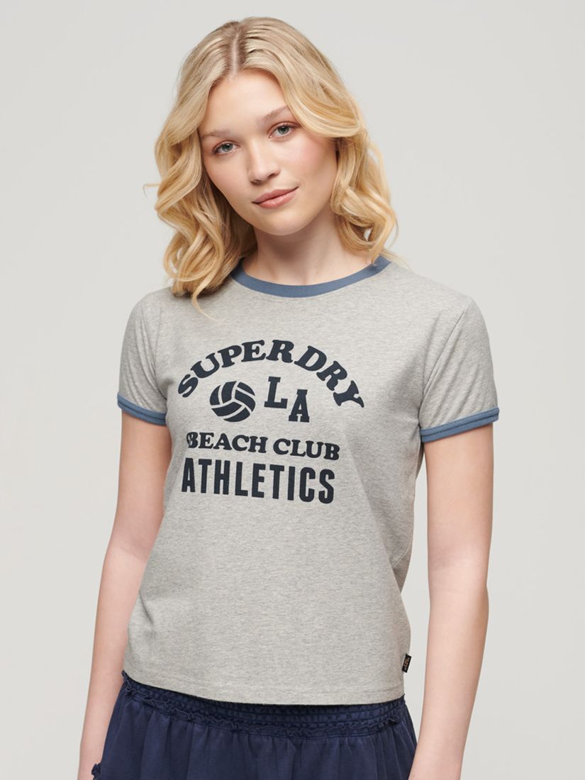 Superdry Athletic Essentials Beach Graphic Ringer T-Shirt, Grey Marl