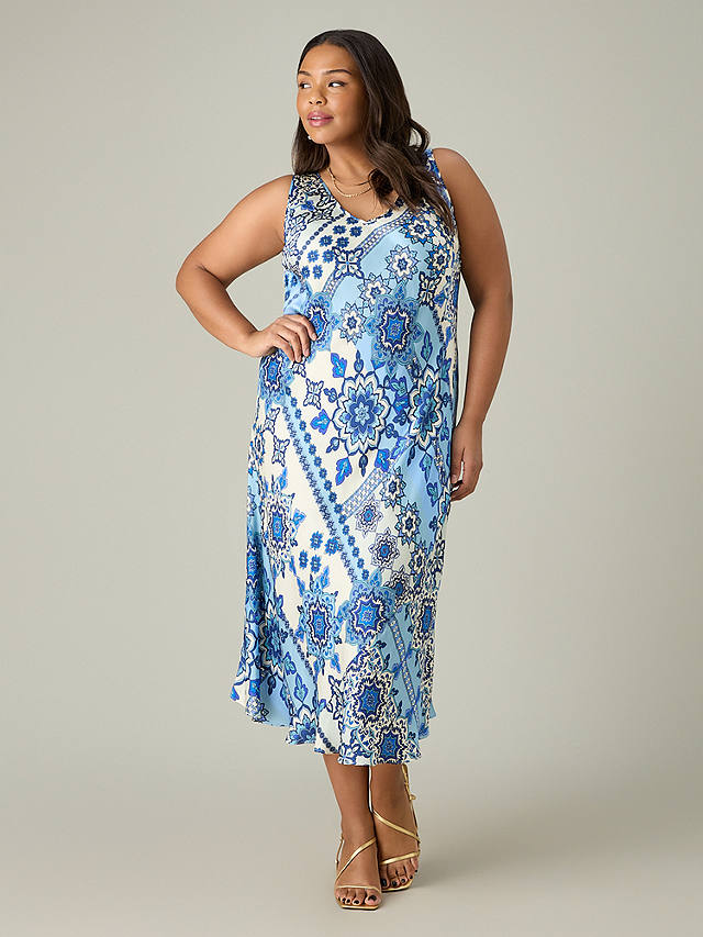 Live Unlimited Curve Floral Tile Print Bias Slip Dress, Blue/Cream