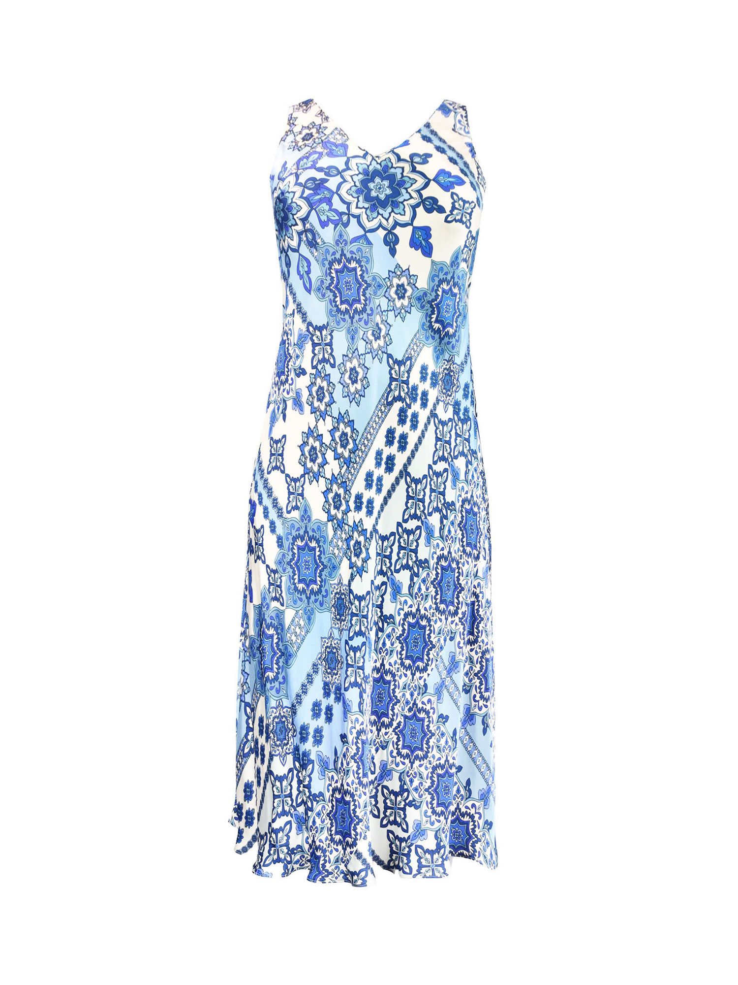 Live Unlimited Curve Floral Tile Print Bias Slip Dress, Blue/Cream, 12