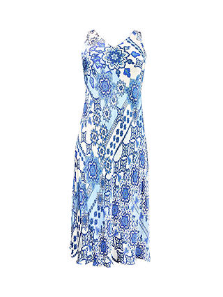 Live Unlimited Curve Floral Tile Print Bias Slip Dress, Blue/Cream