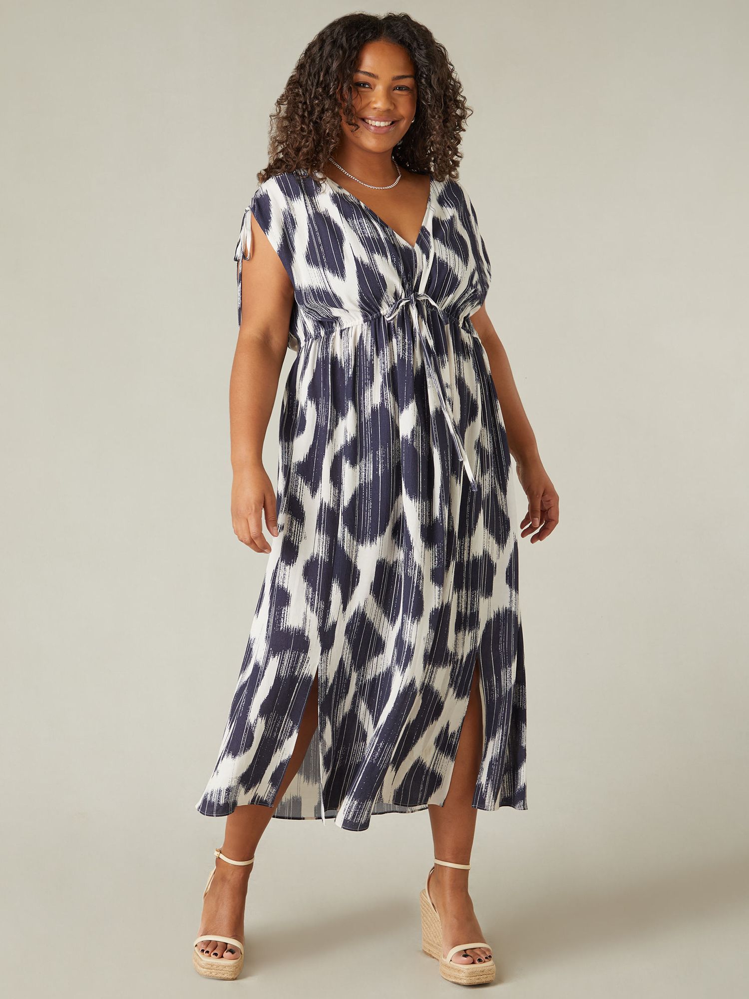 Live Unlimited Curve Geometric Print Drawstring Waist Maxi Dress, Blue