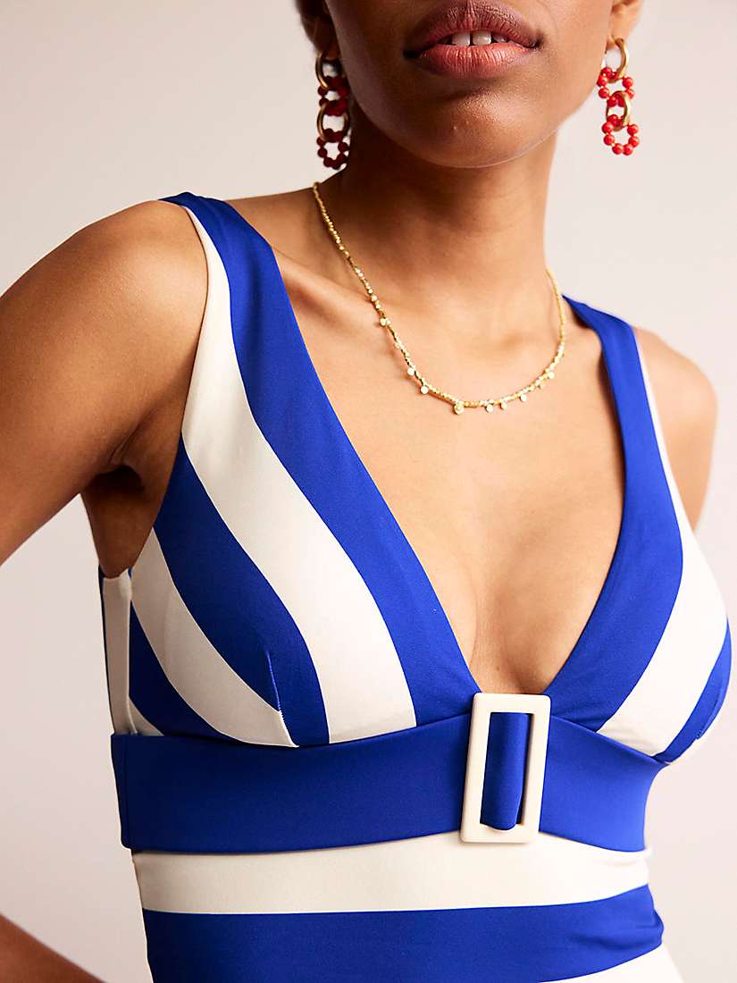 Buy Boden Resin Buckle V-Neck Striped Swimsuit, Blue/Ivory Online at johnlewis.com