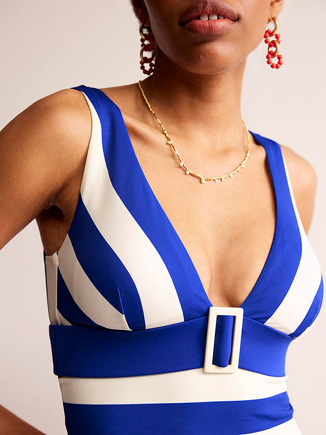 Boden Resin Buckle V-Neck Striped Swimsuit, Blue/Ivory