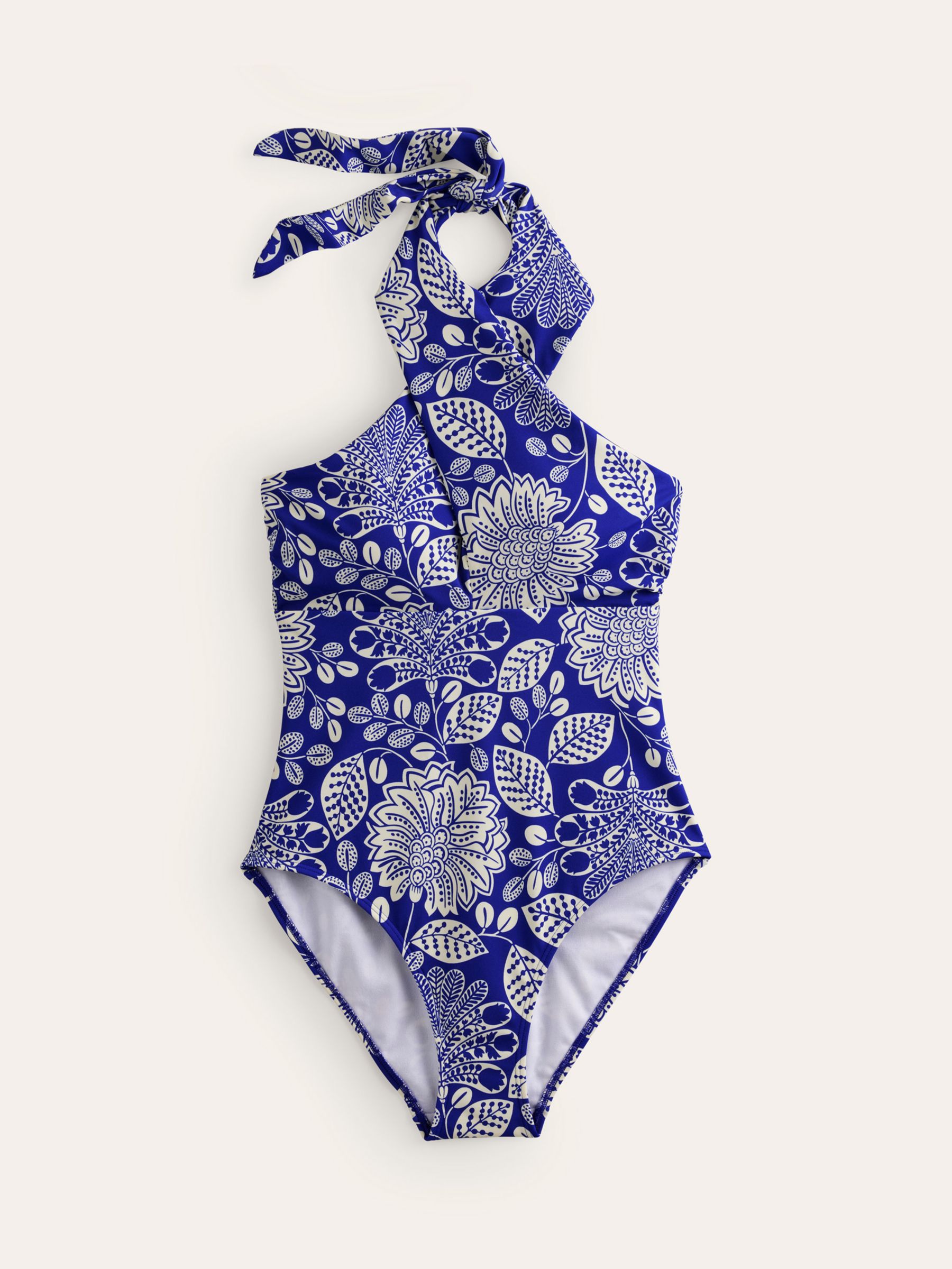 Boden Botanical Print Cross Front Halterneck Swimsuit, Blue/White, 14