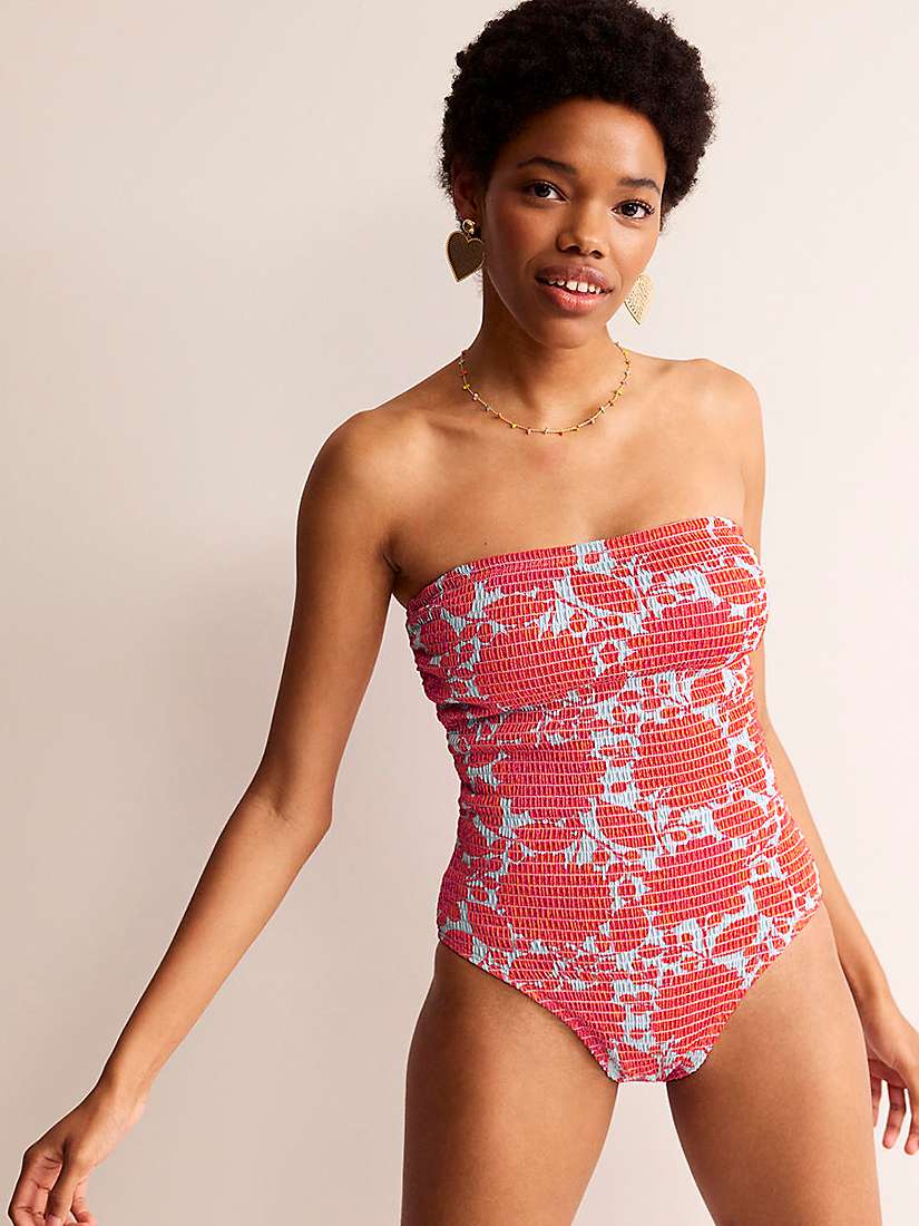 Buy Boden Milos Smocked Bandeau Swimsuit, Fire Cracker Swirl Online at johnlewis.com