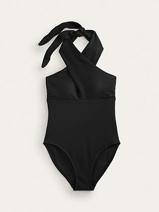 Boden Cross Front Ribbed Halterneck Swimsuit, Black