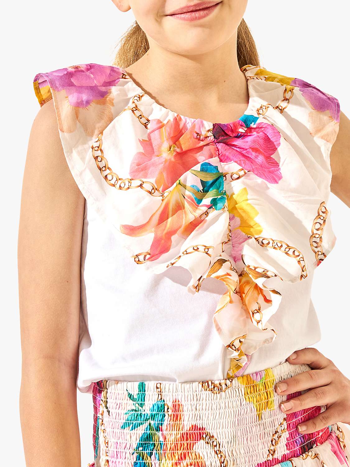 Buy Angel & Rocket Kids' Katie Tropical Floral & Chain Print Frill Vest Top, White Online at johnlewis.com