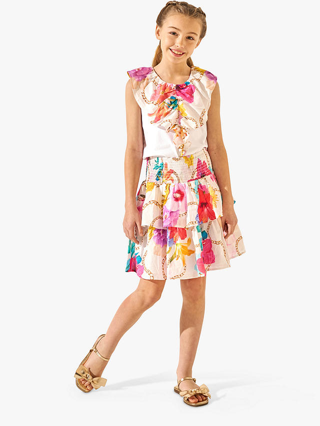 Angel & Rocket Kids' Katie Tropical Floral & Chain Print Frill Vest Top, White