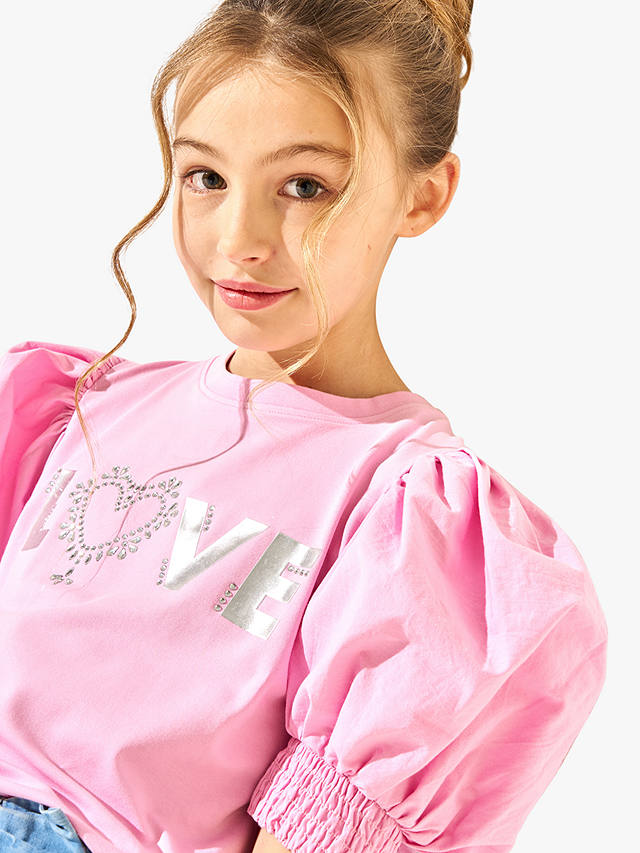 Angel & Rocket Kids' Heidi Pink Puff Sleeve Love Diamante Top, Pink/Silver