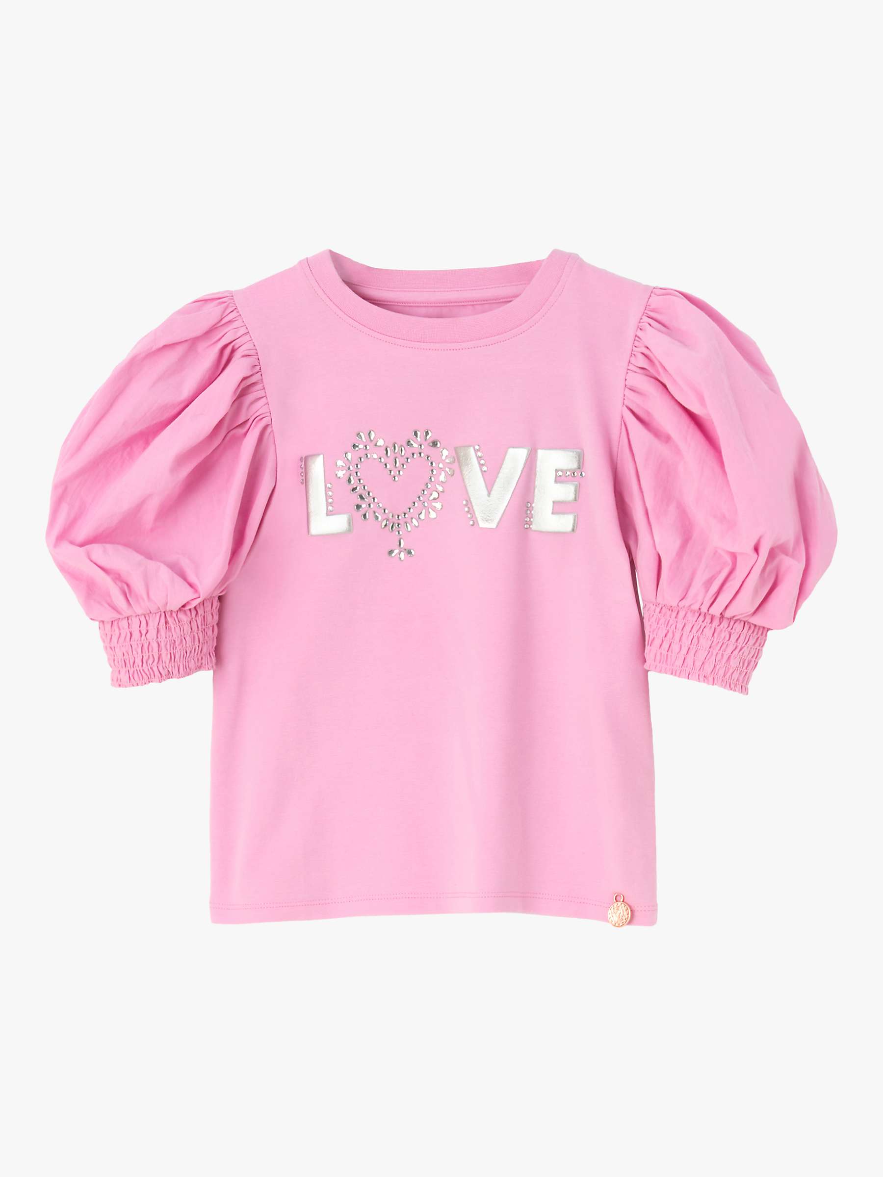 Buy Angel & Rocket Kids' Heidi Pink Puff Sleeve Love Diamante Top, Pink/Silver Online at johnlewis.com