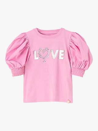 Angel & Rocket Kids' Heidi Pink Puff Sleeve Love Diamante Top, Pink/Silver