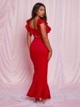 Chi Chi London Ruffle Sleeve Cut Out Back Maxi Dress, Red
