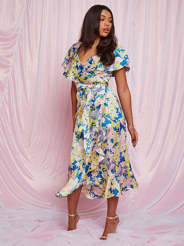 Chi Chi London Floral Print Midi Wrap Dress, Multi