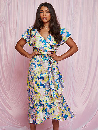 Chi Chi London Floral Print Midi Wrap Dress, Multi