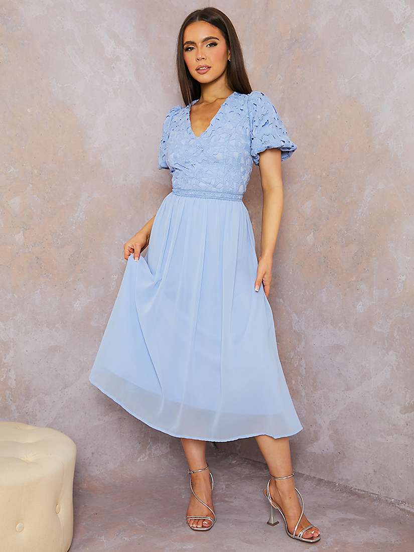 Buy Chi Chi London Lace Bodice Puff Sleeve Midi Dress, Blue Online at johnlewis.com