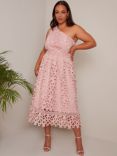 Chi Chi London Plus Cut Work Lace One Shoulder Midi Dress, Pink