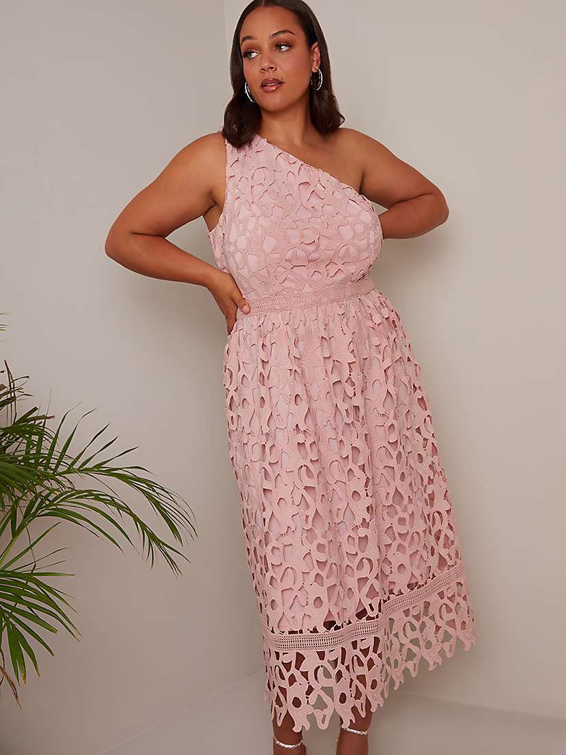 Buy Chi Chi London Plus Cut Work Lace One Shoulder Midi Dress, Pink Online at johnlewis.com