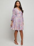 Chi Chi London Watercolour Print Long Sleeve Mini Dress, Purple/Multi