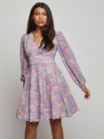 Chi Chi London Watercolour Print Long Sleeve Mini Dress, Purple/Multi