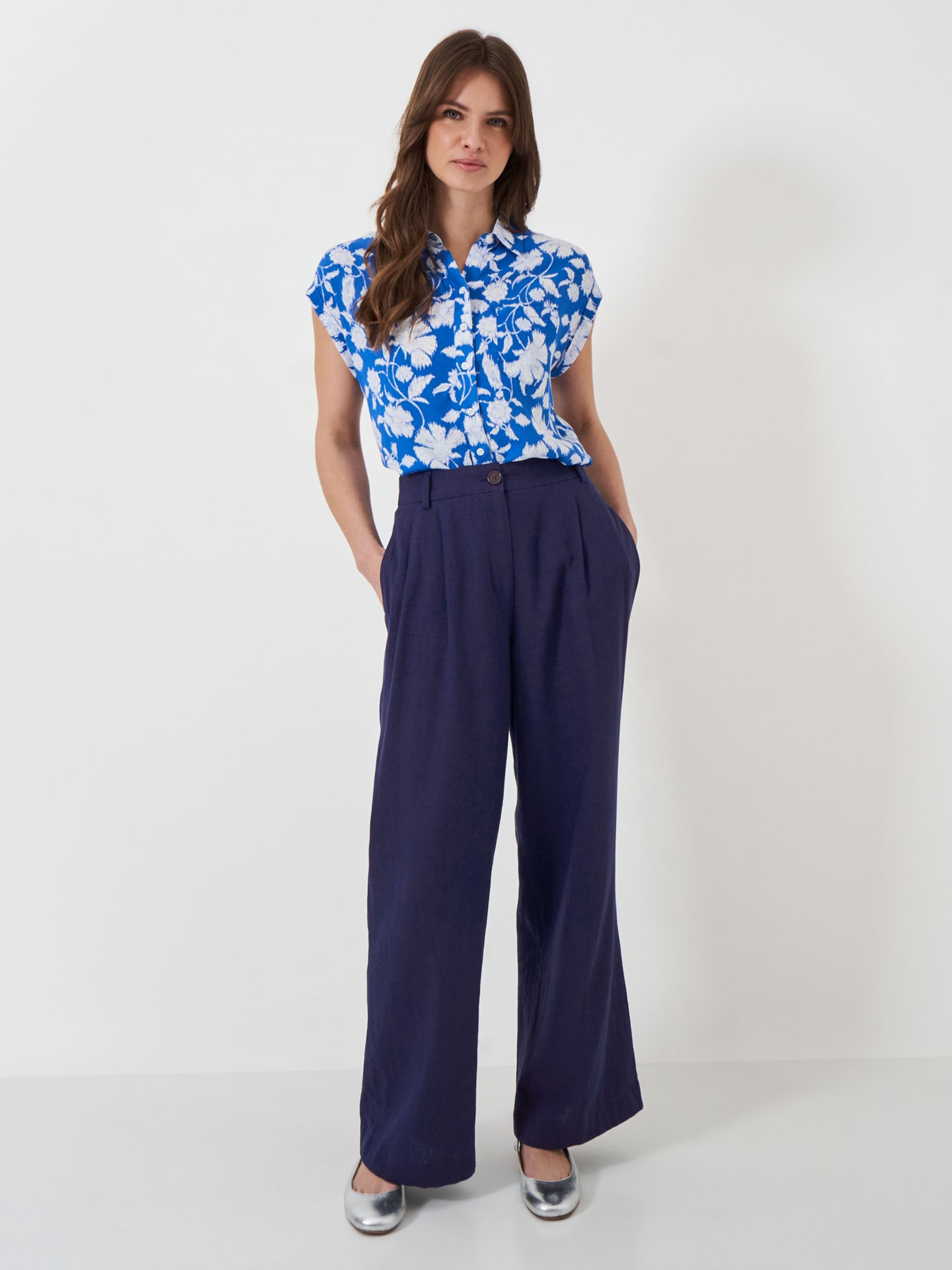 Crew Clothing High Rise Linen Blend Wide Leg Trousers, Navy Blue, 8