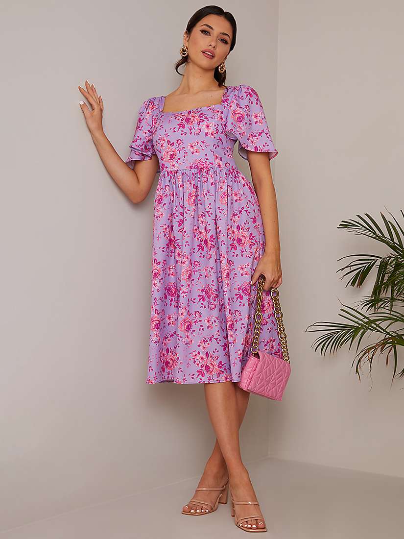 Buy Chi Chi London Ditsy Floral Square Neck Midi Dress, Purple Online at johnlewis.com