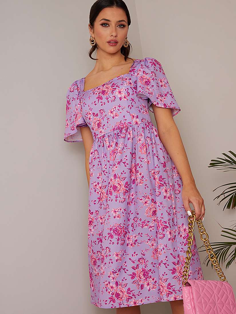 Buy Chi Chi London Ditsy Floral Square Neck Midi Dress, Purple Online at johnlewis.com