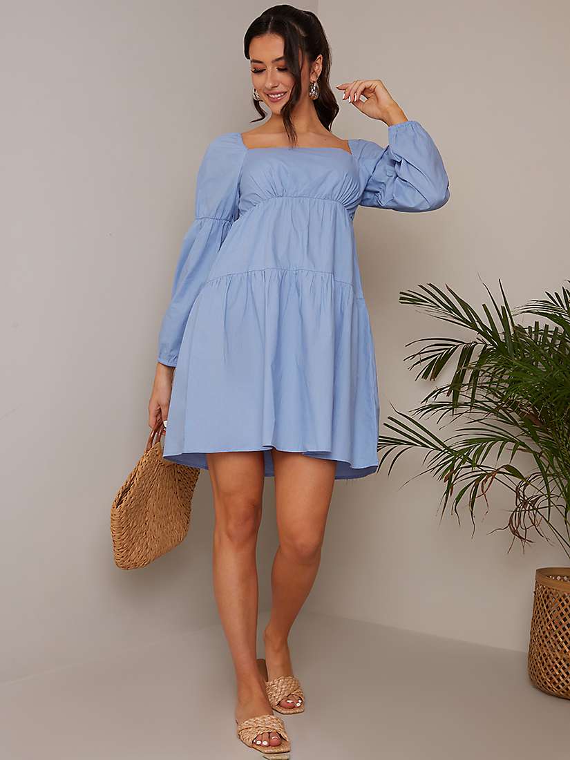 Buy Chi Chi London Puff Sleeve Tiered Mini Dress, Blue Online at johnlewis.com