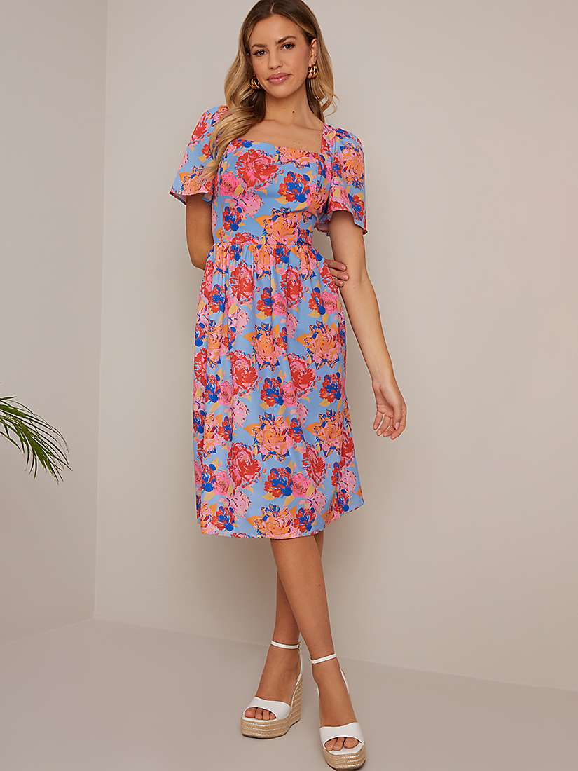 Buy Chi Chi London Petite Floral Print Square Neck Midi Dress, Blue Online at johnlewis.com