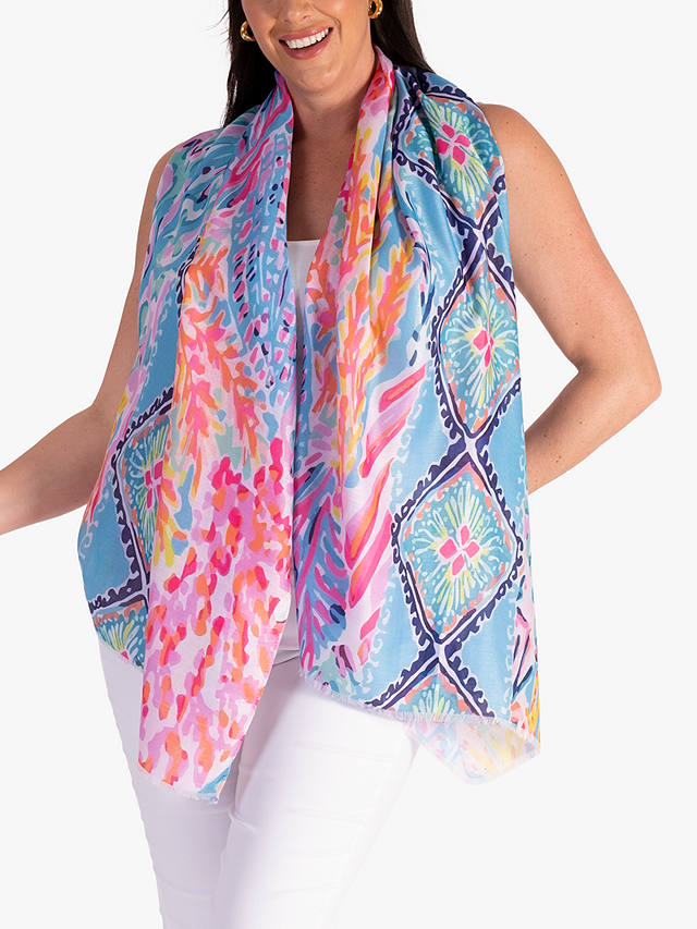 chesca Abstract Tropical Diamond Print Scarf, Lilac/Multi