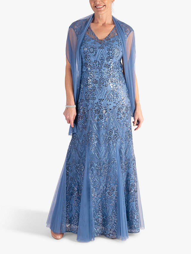 chesca Sequin Mesh Scarf And Maxi Dress, Blue