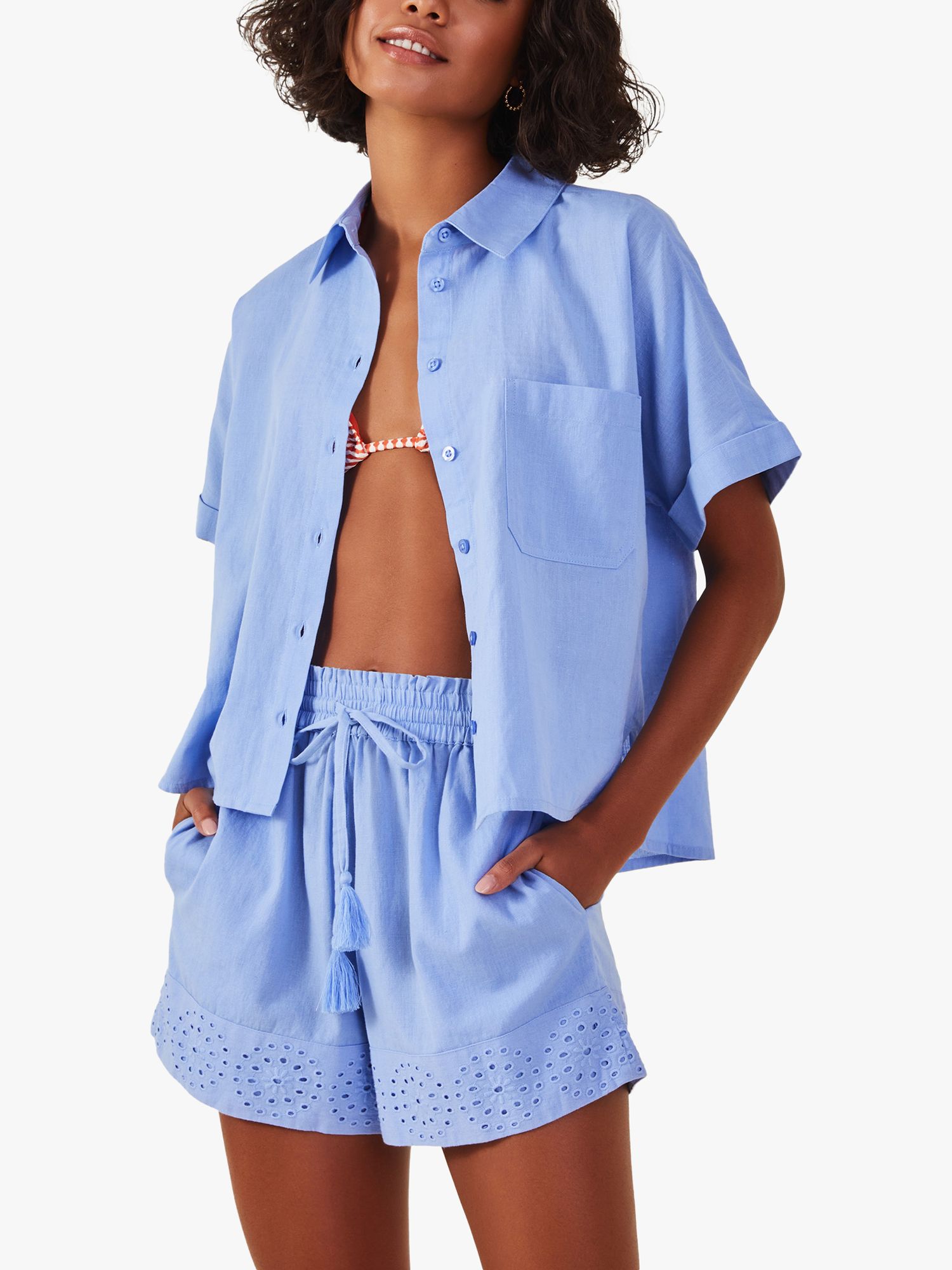 Accessorize Boxy Linen Blend Beach Shirt, Mid Blue, M