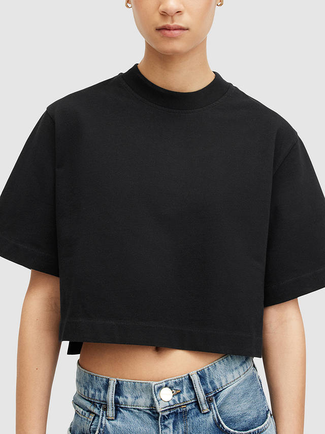 AllSaints Lottie Organic Cotton Cropped T-Shirt, Black