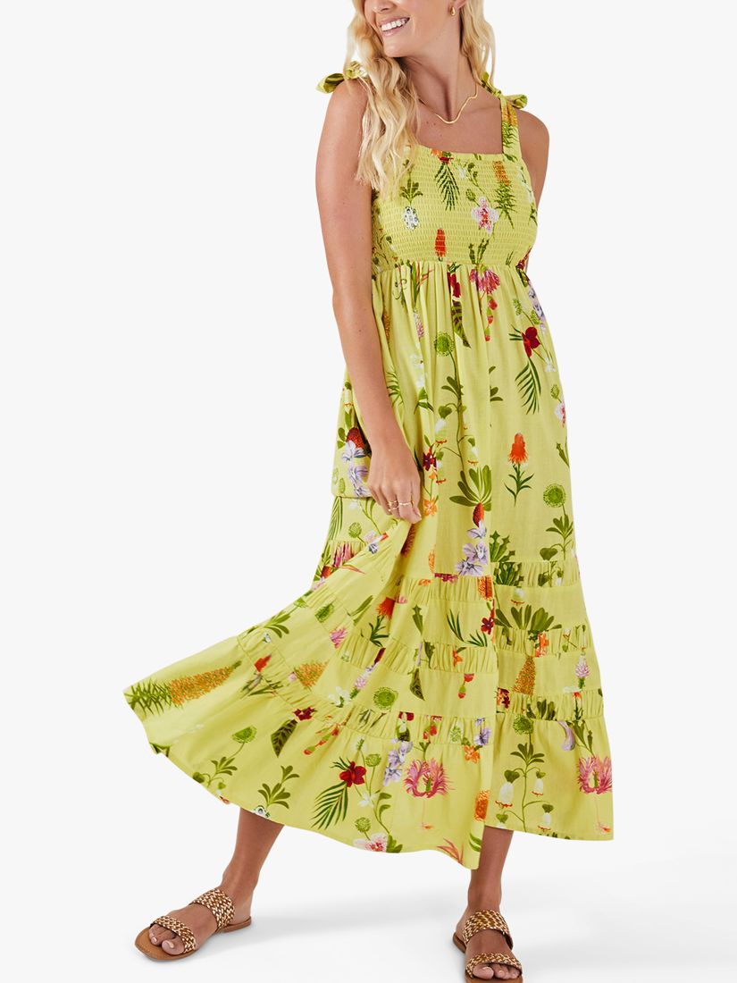 Accessorize Botanical Print Cotton Linen Blend Maxi Dress, Yellow/Multi, S