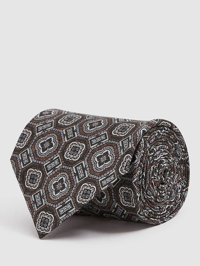 Reiss Assisi Large Medallion Print Silk Tie, Tobacco